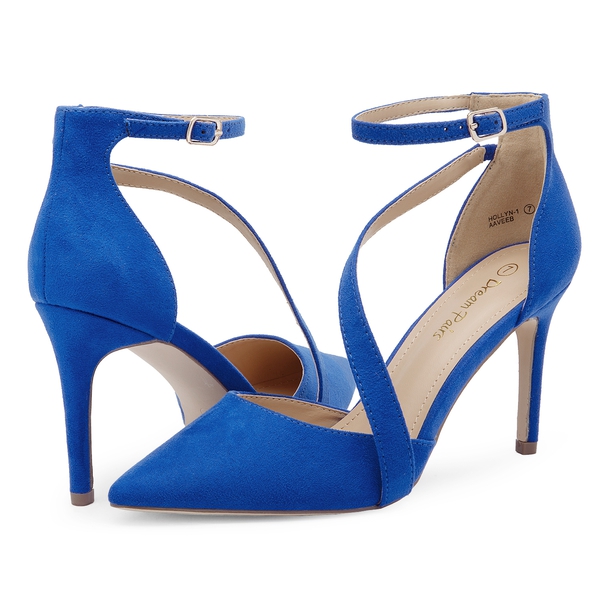 Pointed Toe Ankle Strap High Heel Pump Shoes - ROYAL BLUE SUEDE - 3